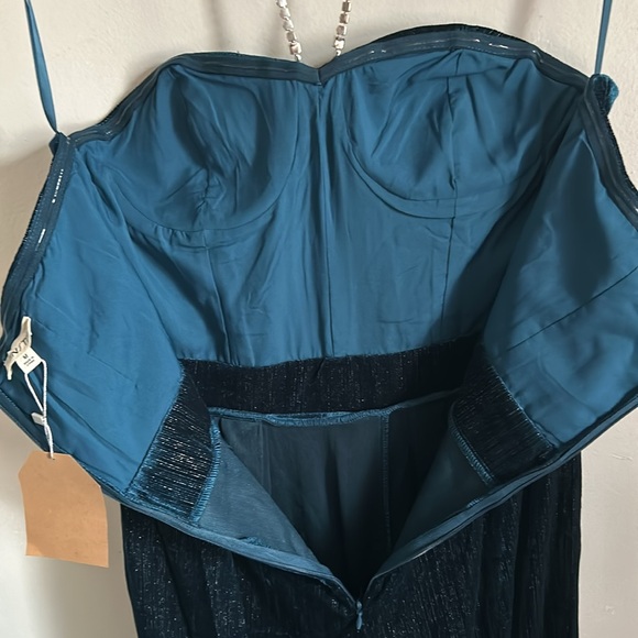 New Main Strip Rhinestone Halter Strapless Sweetheart Neck Teal Velvet Jumpsuit - Picture 10 of 16